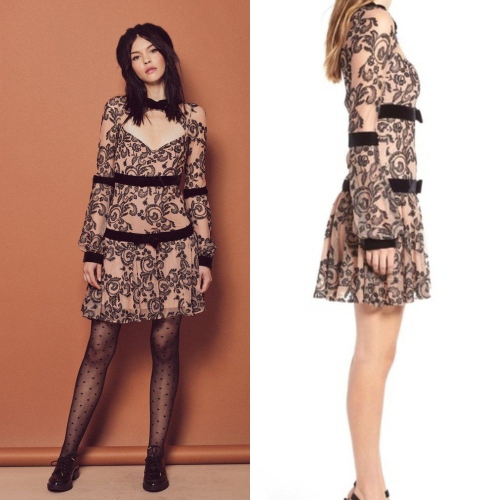 For Love and Lemons Clemence Mini long sleeves Dress Embroidered Mesh Bow Size S